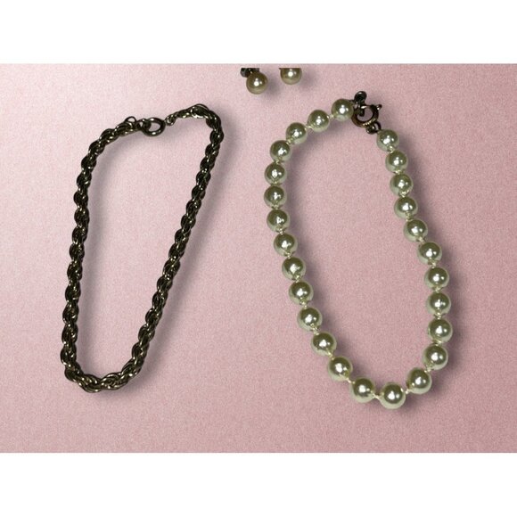 Set Of Gold & Pearl Jewelry - Necklaces Earrings & Bracelets - Vintage-Inspired - Picture 3 of 11